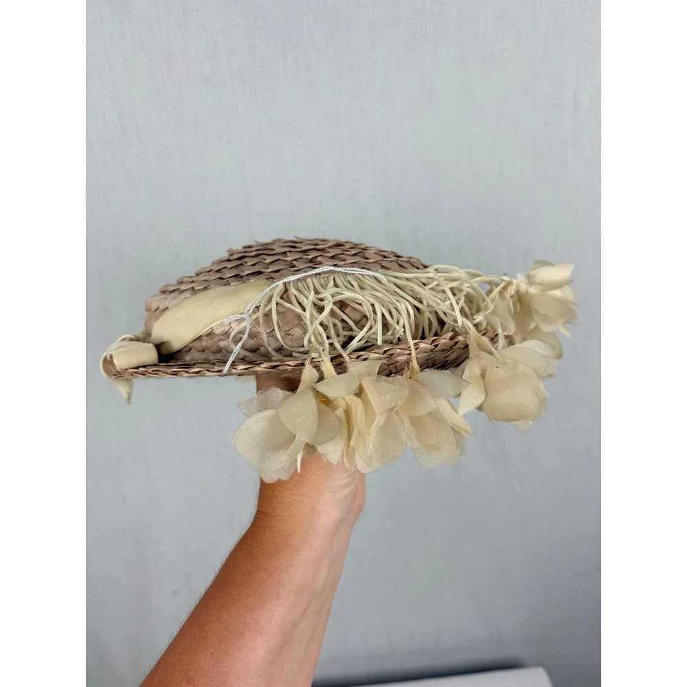 Jo Bailey Vintage Straw Pillbox Hat Velvet Bow Floral Tassels Tan Women